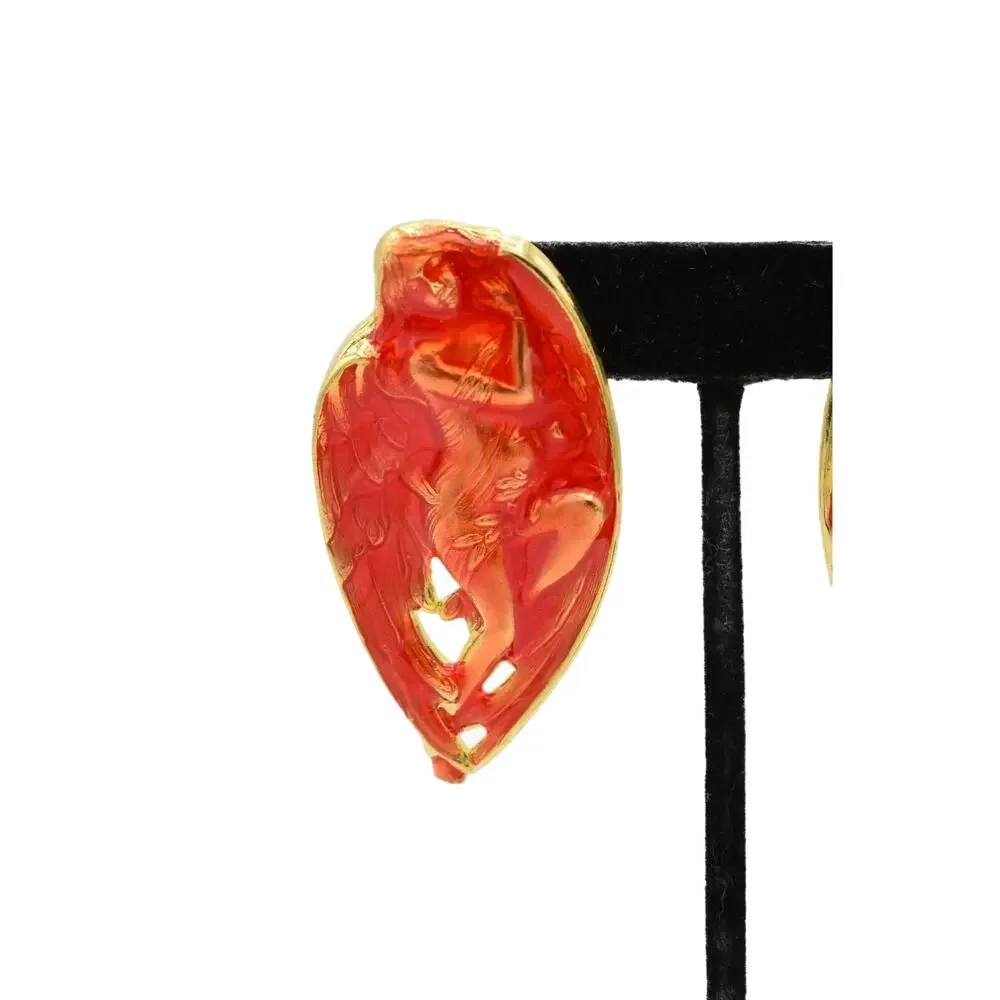Vintage Abstract Artistic Angel Earrings Red Gold Enamel Metal Chunky NOS 80s 9L